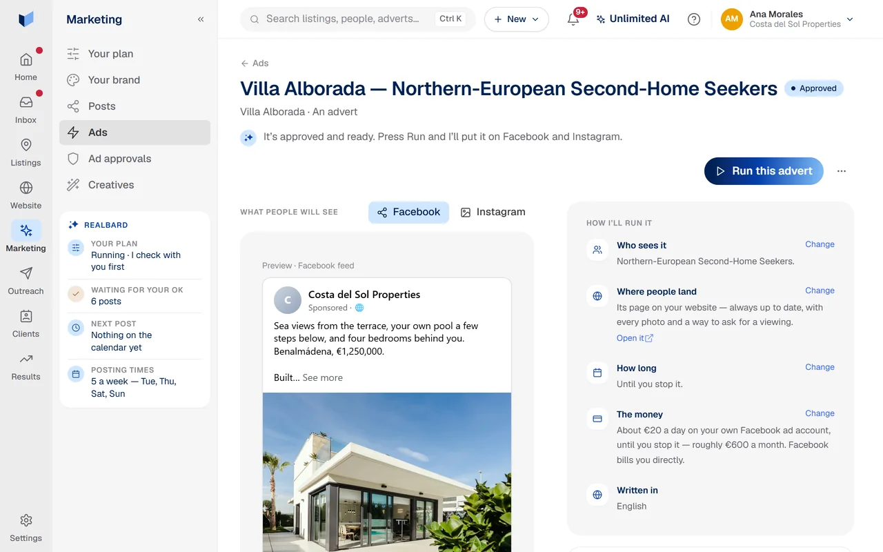 An advert’s page in Realbard, “How I’ll run it”: who sees it, where people land, how long it runs and the daily budget, each with a Change link.